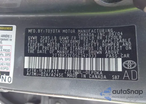 2005 Toyota Corolla Ce z USA, uszkodzony, nr VIN 2T1BR32E05C347933